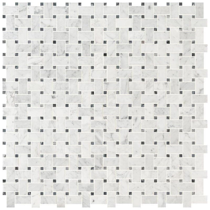 Carrara white basketweave pattern 12X12 honed marble mesh mounted mosaic tile SMOT-CAR-BWH product shot multiple tiles top view