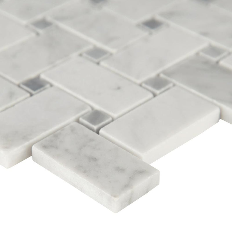 Carrara white basketweave pattern 12X12 honed marble mesh mounted mosaic tile SMOT-CAR-BWH product shot profile view