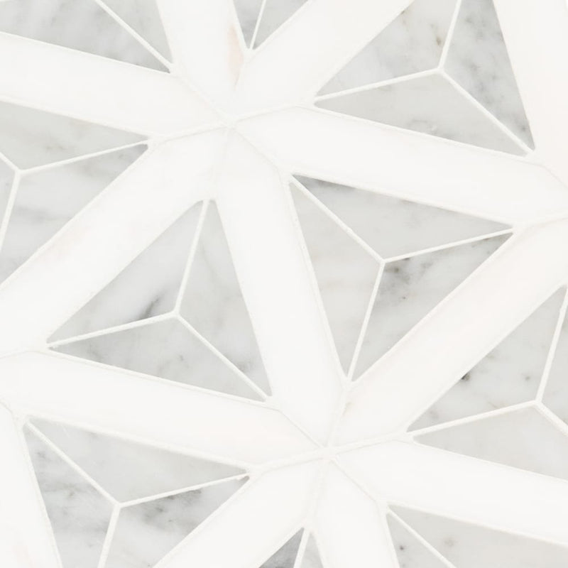 Carrara white faceted 12X9.26 polished marble mesh-mounted mosaic tile SMOT-CAR-FACEP product shot angle view