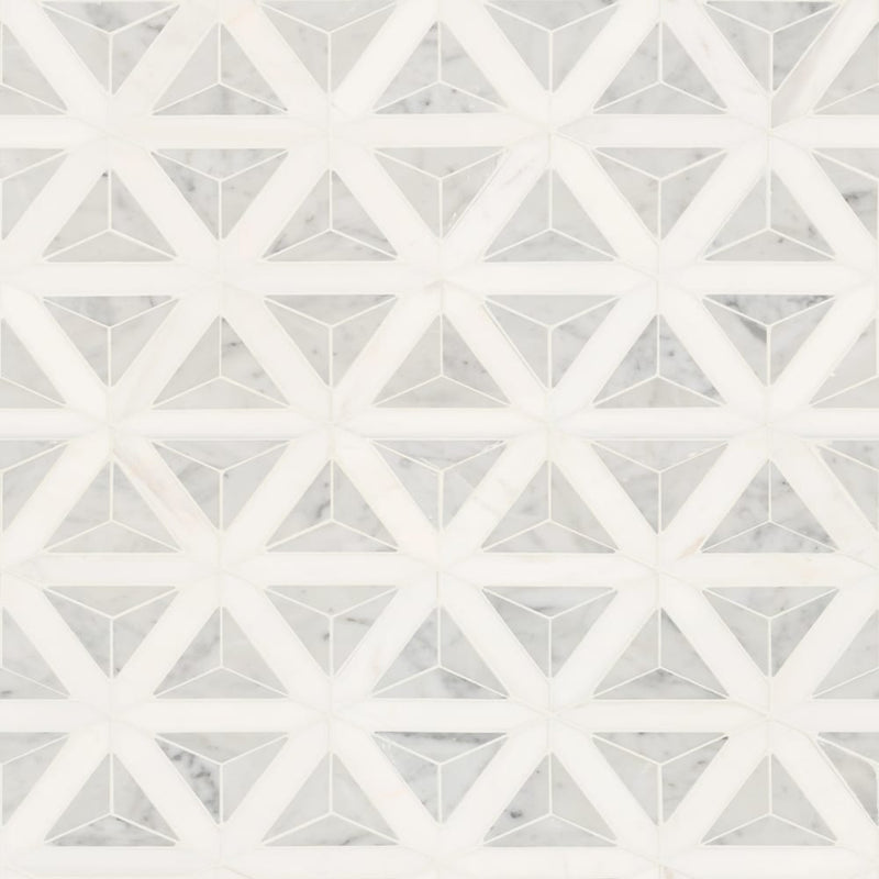 Carrara white faceted 12X9.26 polished marble mesh-mounted mosaic tile SMOT-CAR-FACEP product shot multiple tiles wall view