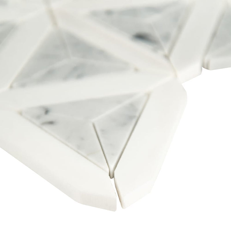 Carrara white faceted 12X9.26 polished marble mesh-mounted mosaic tile SMOT-CAR-FACEP product shot profile view