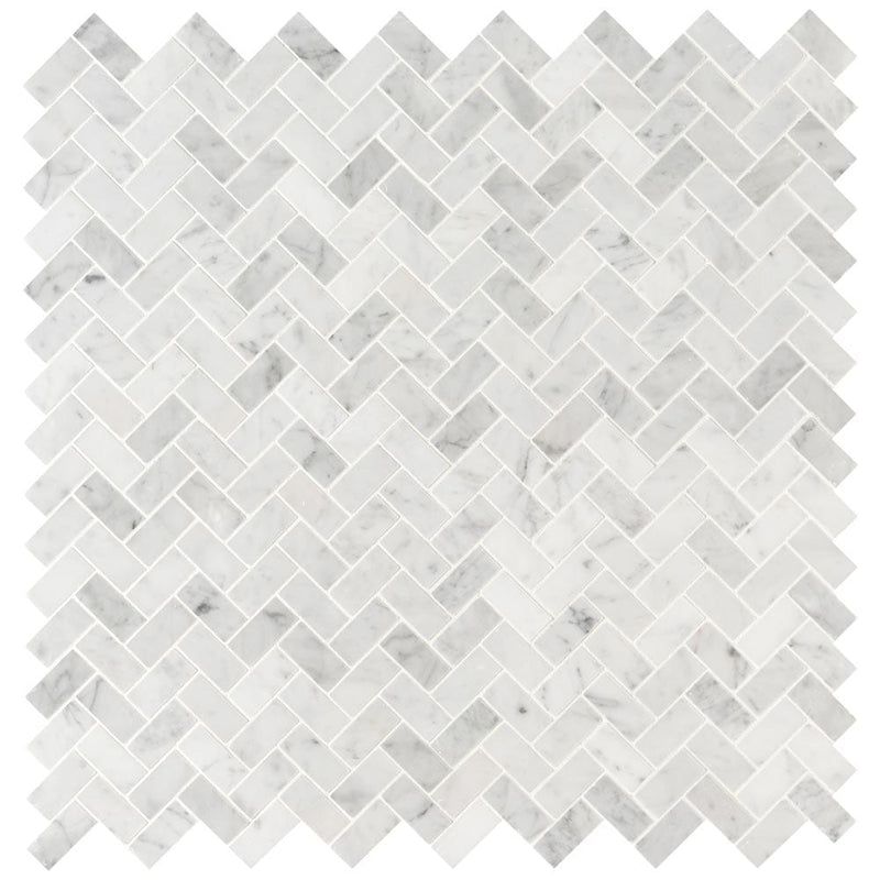 Carrara white herringbone honed 12X12 marble mesh mounted mosaic tile SMOT-CAR-1X2HBH product shot multiple tiles top view