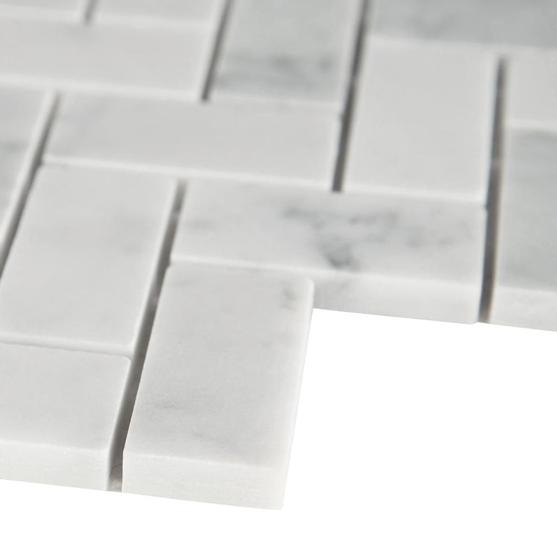 Carrara white herringbone honed 12X12 marble mesh mounted mosaic tile SMOT-CAR-1X2HBH product shot profile view