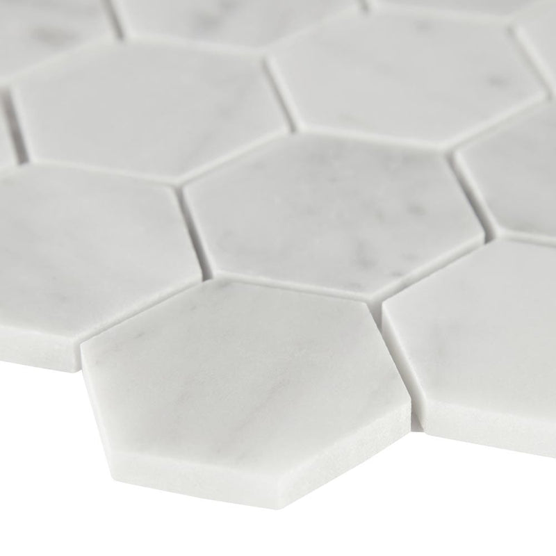 Carrara white hexagon 11.75X12 honed marble mesh mounted mosaic tile SMOT-CAR-2HEXH product shot profile view