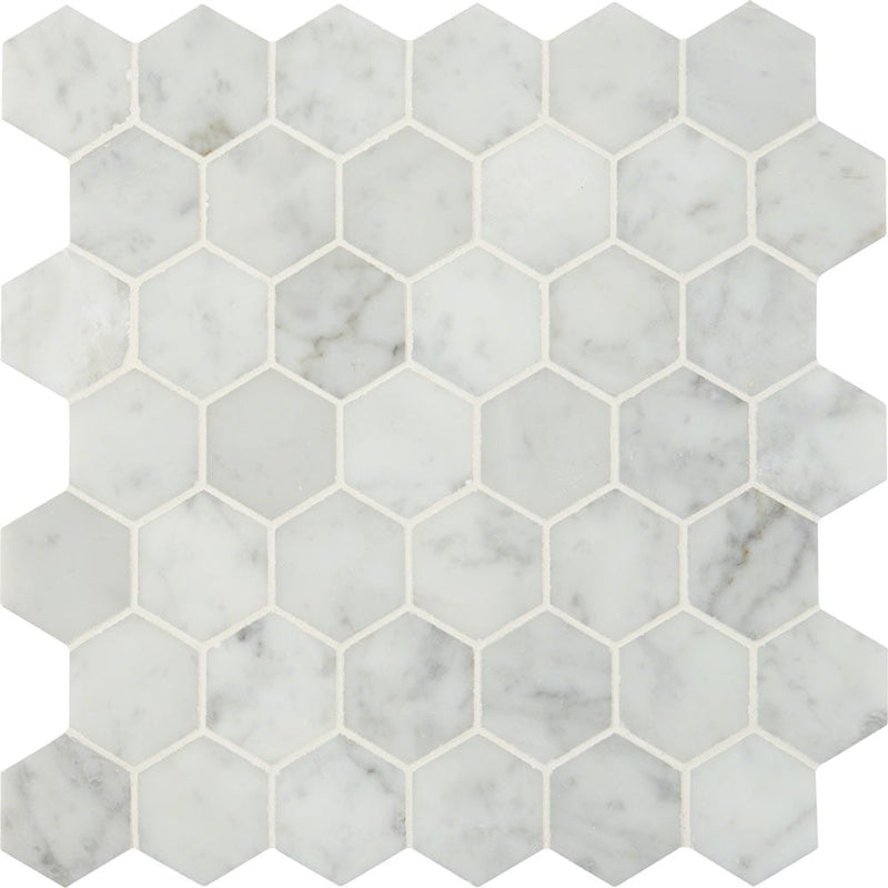 Carrara white hexagon 12X12 polished marble mesh mounted mosaic floor and wall tile SMOT-CAR-2HEXP product shot multiple tiles close up view