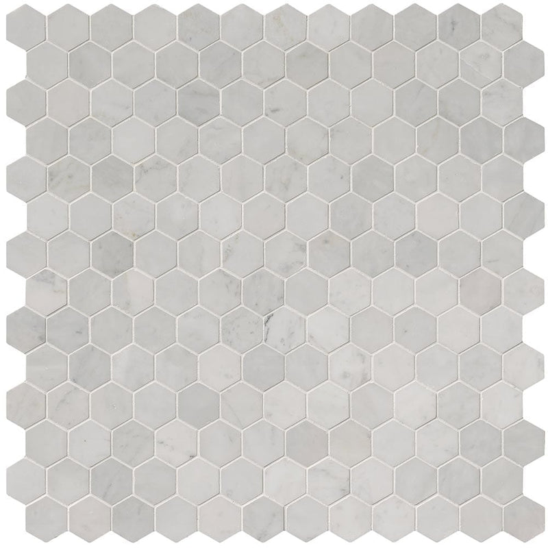 Carrara white hexagon 12X12 polished marble mesh mounted mosaic floor and wall tile SMOT-CAR-2HEXP product shot multiple tiles top view