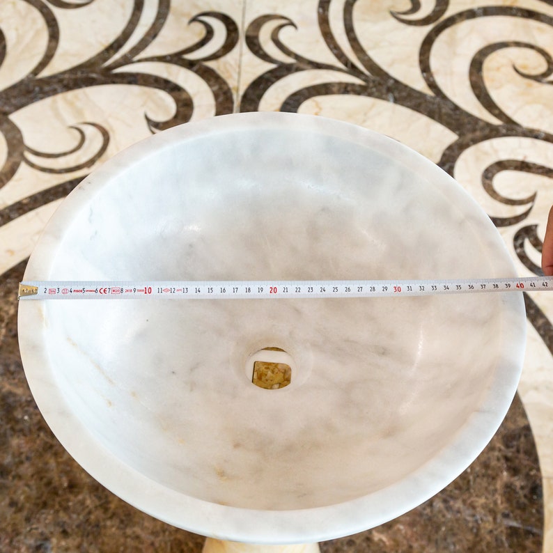 Carrara White Marble Above Vanity Bathroom Vessel Sink Polished (D)16" (H)6" diameter measure view