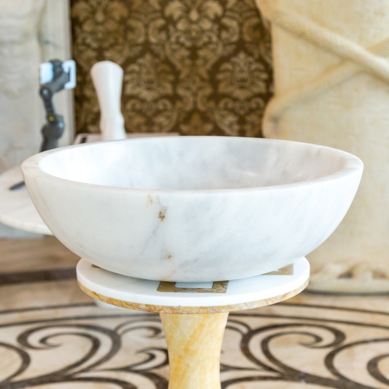 Carrara White Marble Above Vanity Bathroom Vessel Sink Polished (D)16" (H)6"product shot side view