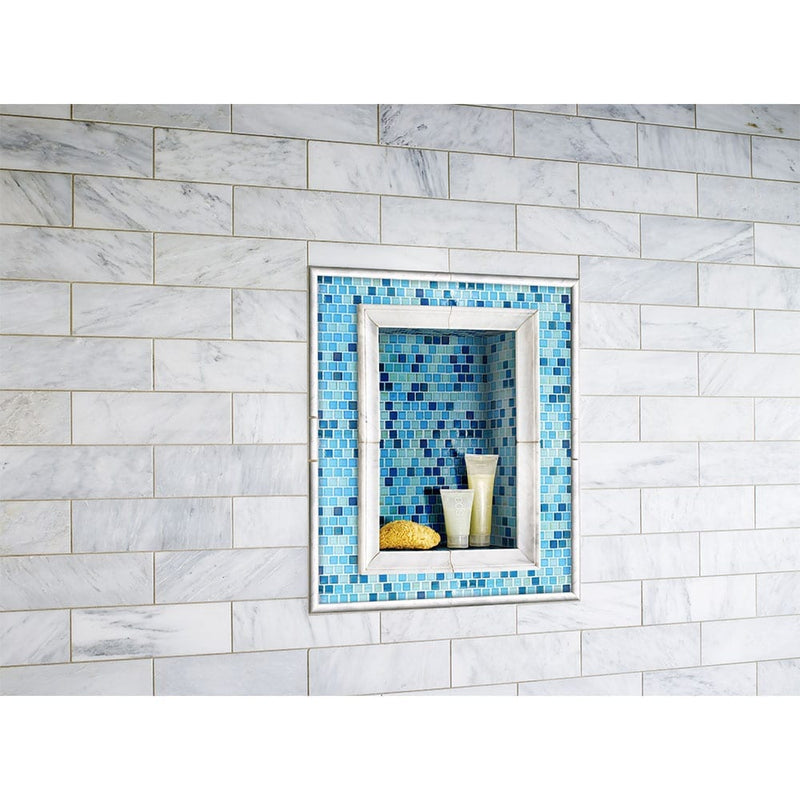 Carrara white pencil molding 0.75x12 polished marble wall tile SMOT-PENCIL-CAR product shot bath wall view