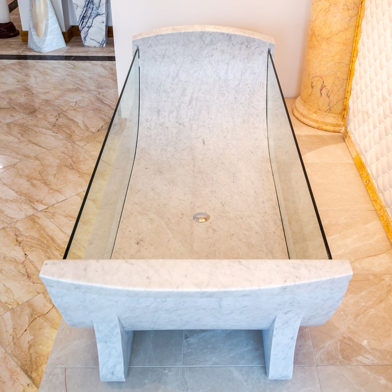 Carrara White Marble Bathtub Strong Tempered Glass Side Walls Polished (W)32" (L)79" (H)24" angle view