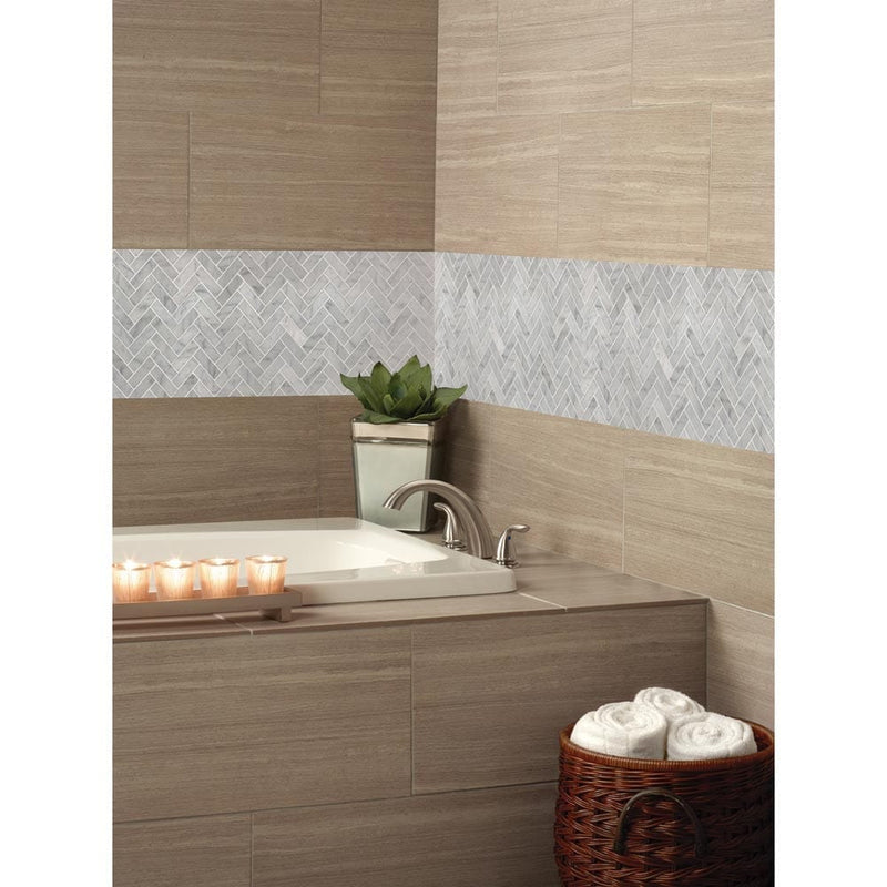 Carrrara white herringbone 12X12 polished marble mesh mounted mosaic tile SMOT-CAR-1X3HBP product shot bath view