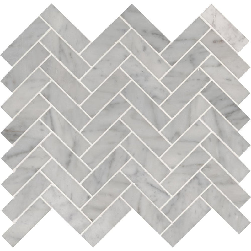 Carrrara white herringbone 12X12 polished marble mesh mounted mosaic tile SMOT-CAR-1X3HBP product shot multiple tiles close up view