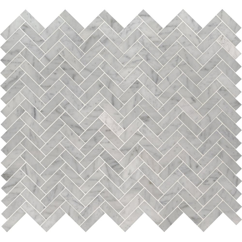 Carrrara white herringbone 12X12 polished marble mesh mounted mosaic tile SMOT-CAR-1X3HBP product shot multiple tiles top view