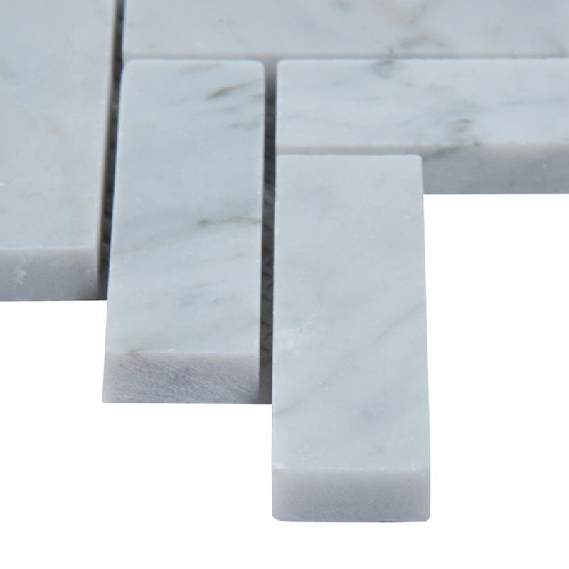 Carrrara white herringbone 12X12 polished marble mesh mounted mosaic tile SMOT-CAR-1X3HBP product shot profile view