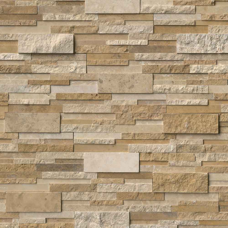 Casa blend 3d multi finish ledger corner 6x18 natural travertine wall tile LPNLTCASBLE618COR-MULTI product shot wall view