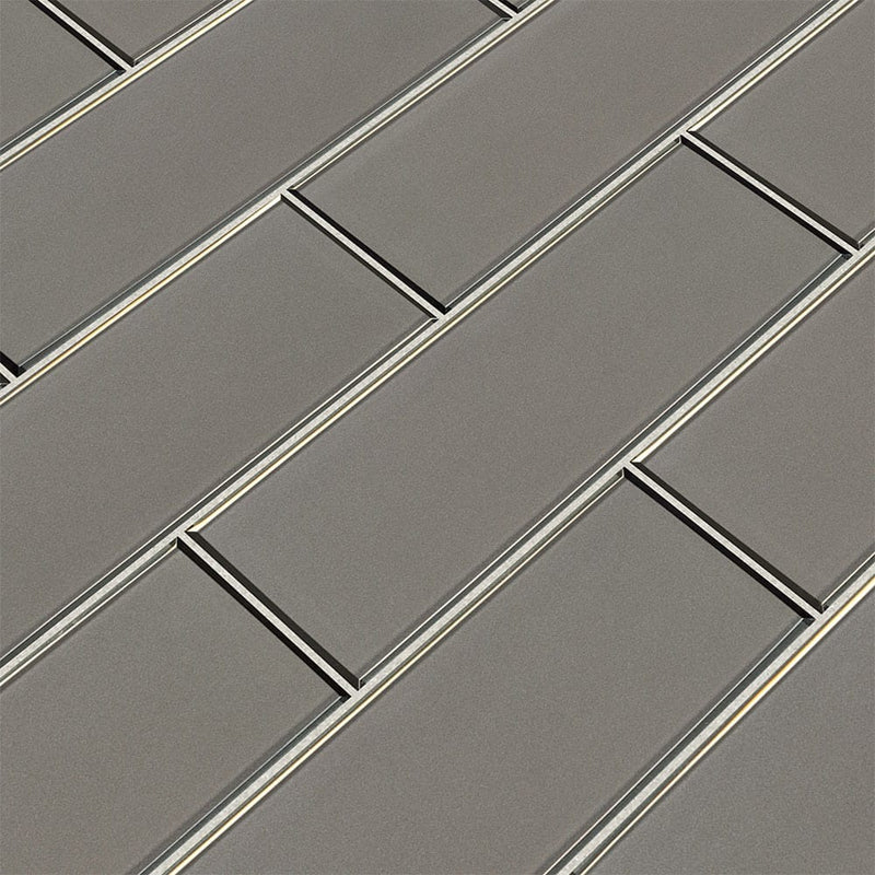 Champagne bevel subway 4x12 textured wall glass tile SMOT-GL-T-CHBE412 product shot multiple tiles angle view