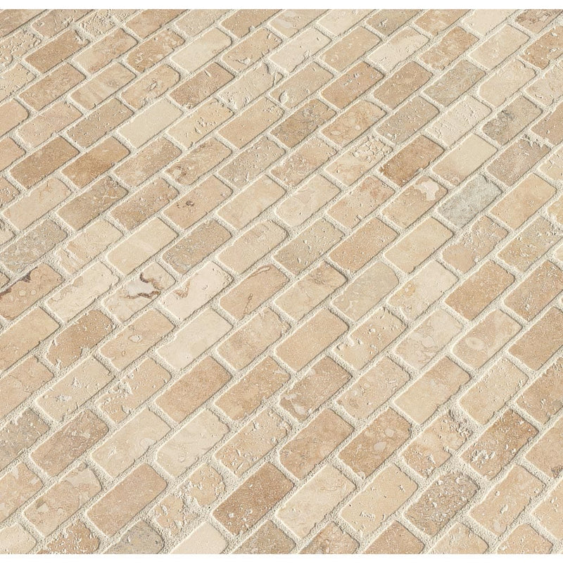 Chiaro brick 12X12 tumbled travertine mesh mounted mosaic tile THDW3-SH-CHBRI1X2T product shot multiple tiles angle view