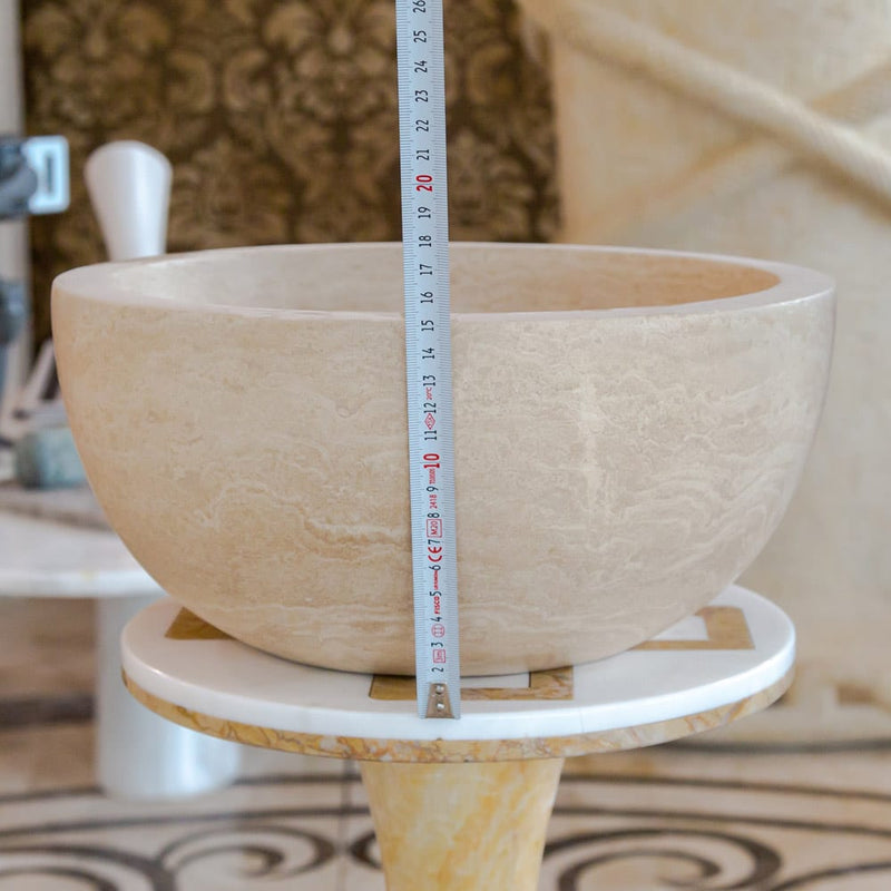 Troia Light Travertine Natural Stone Round Above Vanity Bathroom Sink (D)12.5" (H)6" product shot height measure view