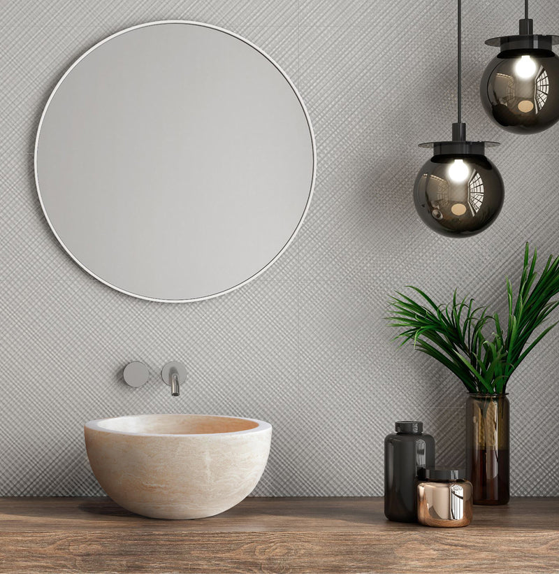 Troia Light Travertine Natural Stone Round Above Vanity Bathroom Sink (D)12.5" (H)6" installed bathroom above wooden vanity nice modern lamps hung from ceiling and green plant in brown vase big round wall mirror
