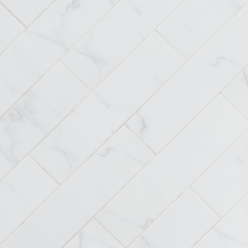 Classique white carrara 4x16 glossy glazed ceramic wall tile NWHICARGLO4X16 N product shot angle view