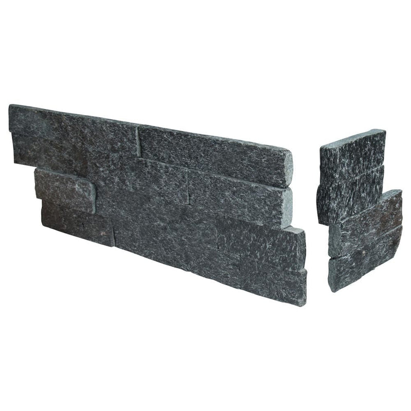 Coal canyon splitface ledger corner 6X18 natural quartzite wall tile LPNLQCOACAN618COR product shot multiple tiles angle view