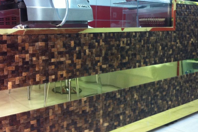 Coconut shell Mesh-mounted Mosaic Wall Tile 911002 installed restaurant wall view