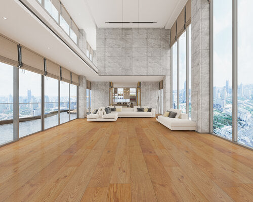 Engineered Hardwood European Oak 7.5" Wide, 74.8" RL, 1/2" Thick Elysian Collective Tan - Mazzia Collection room shot living view