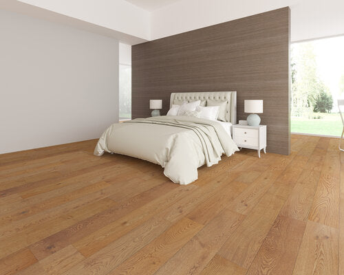 Engineered Hardwood European Oak 7.5" Wide, 74.8" RL, 1/2" Thick Elysian Collective Tan - Mazzia Collection room shot bedroom  view 2