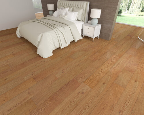 Engineered Hardwood European Oak 7.5" Wide, 74.8" RL, 1/2" Thick Elysian Collective Tan - Mazzia Collection room shot bedroom  view 3