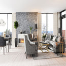 Cosmic black ledger panel 6"x24" splitface marble wall tile LPNLMCOSBLK624 product shot room view