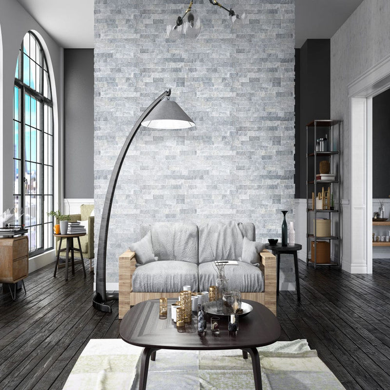Cosmic gray ledger panel 6"x24" splitface marble wall tile LPNLMCOSGRY624 product shot room view