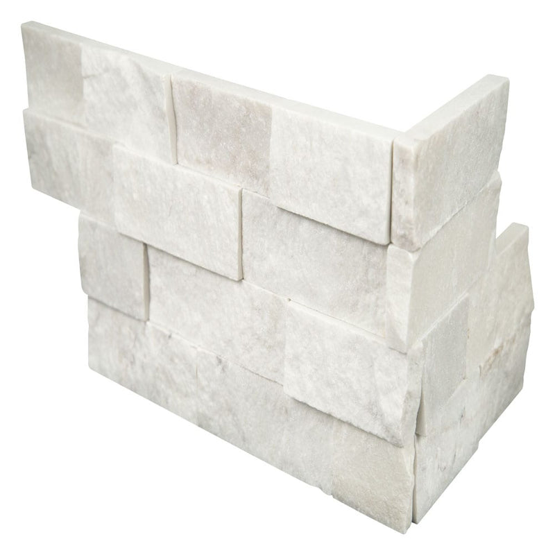 Cosmic white ledger corner 6"x18" splitface marble wall tile LPNLMCOSWHI618COR product shot angle view