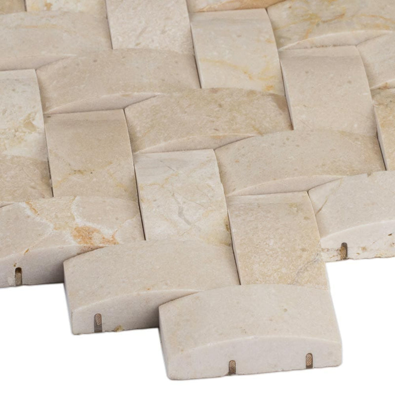 Crema arched herringbone 12X12 polished marble mesh mounted mosaic tile SMOT-ARCH-CREM-HBP product shot profile view