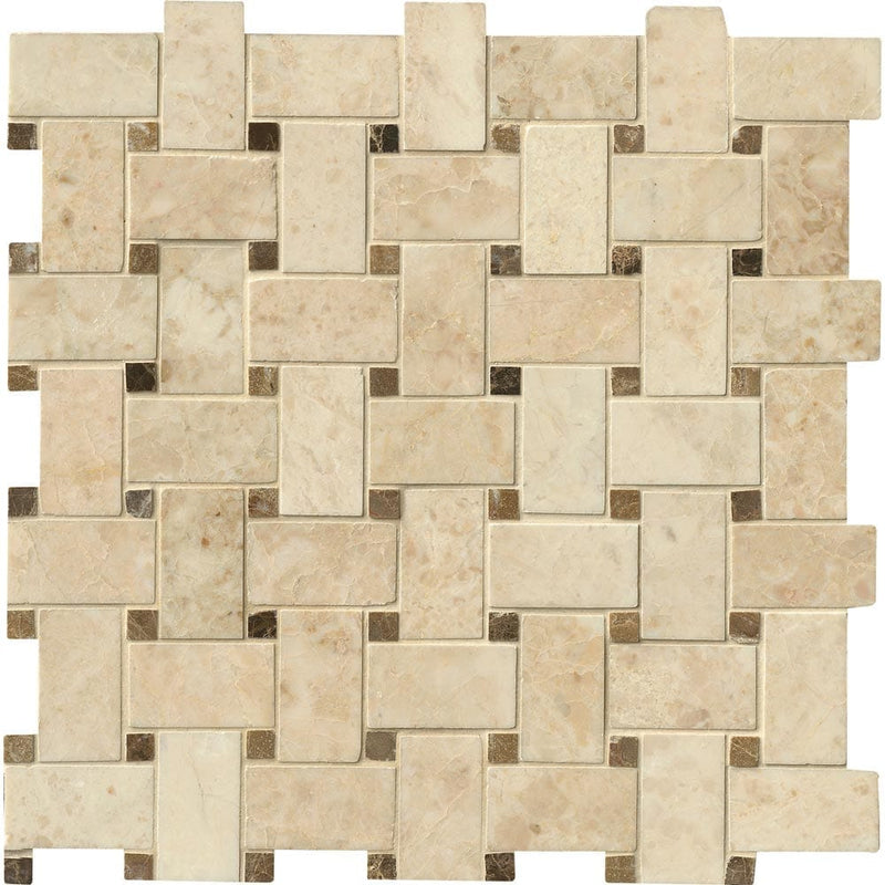 Crema cappuccino basket weave 12X12 polished marble mesh mounted mosaic tile SMOT-CRECAP-BWP product shot multiple tiles close up view