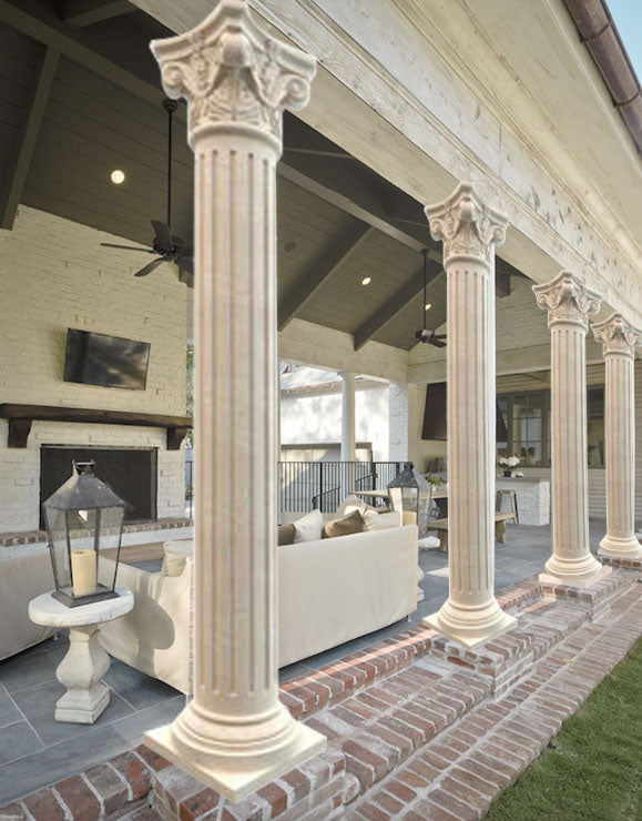Crema marfil marble hand-carved column 20x20x79 MEGCL01 installed entrance of luxuruos house