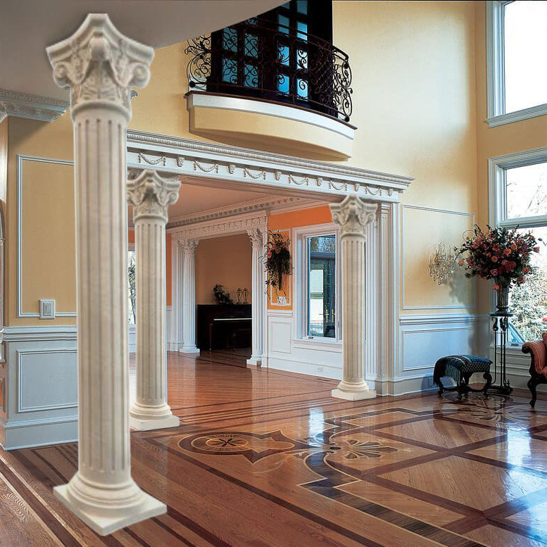 Crema marfil marble hand-carved column 20x20x79 MEGCL01 installed entrance of luxurious house