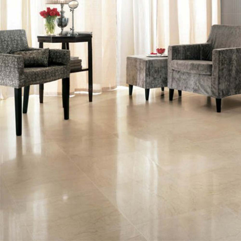 Crema marfil select 12 in x 12 in polished marble floor and wall tile TCREMAR1212SL product shot drawing room view
