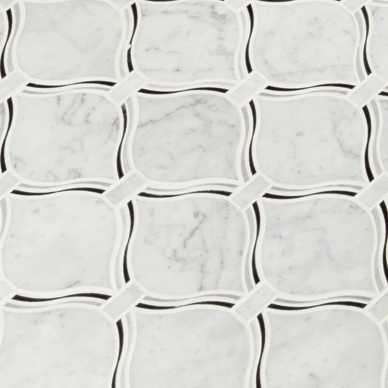 Danza arabesque 10.19X10.94 Polished marble mesh mounted mosaic tile SMOT-DANARA-POL8MM product shot multiple tiles angle view