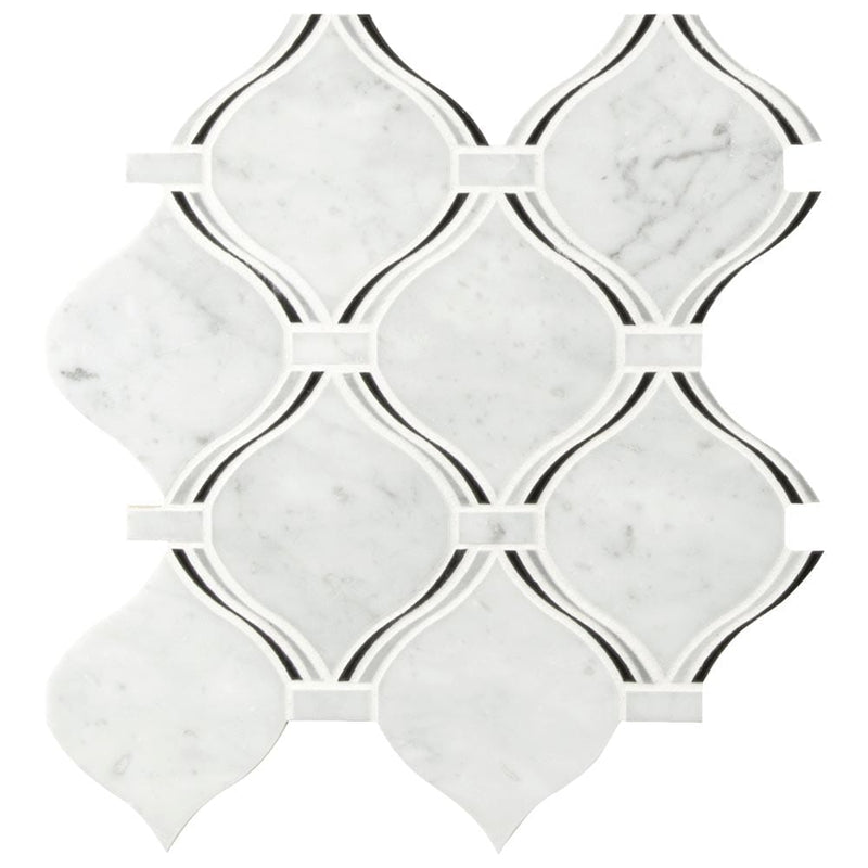 Danza arabesque 10.19X10.94 Polished marble mesh mounted mosaic tile SMOT-DANARA-POL8MM product shot multiple tiles close up view