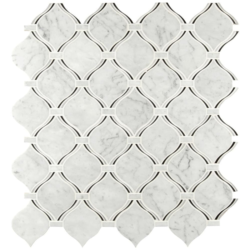 Danza arabesque 10.19X10.94 Polished marble mesh mounted mosaic tile SMOT-DANARA-POL8MM product shot multiple tiles top view
