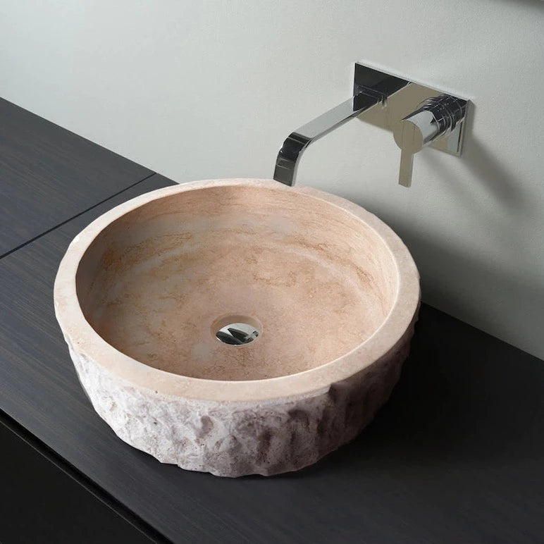 Denizli beige travertine rustic stone vessel sink honed interior hand chiseled exterior d16 h6 SPDBTRS28 room shot sink view 2