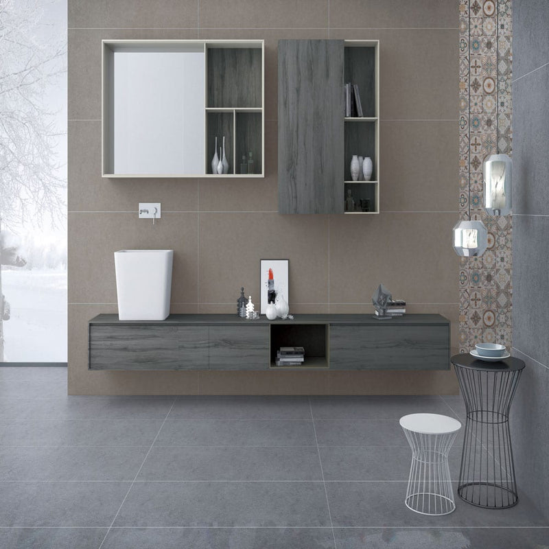 Dimensions Graphite 24"x48" Glazed Porcelain Floor And Wall Tile NDIMGRA2448-N product shot room view 3