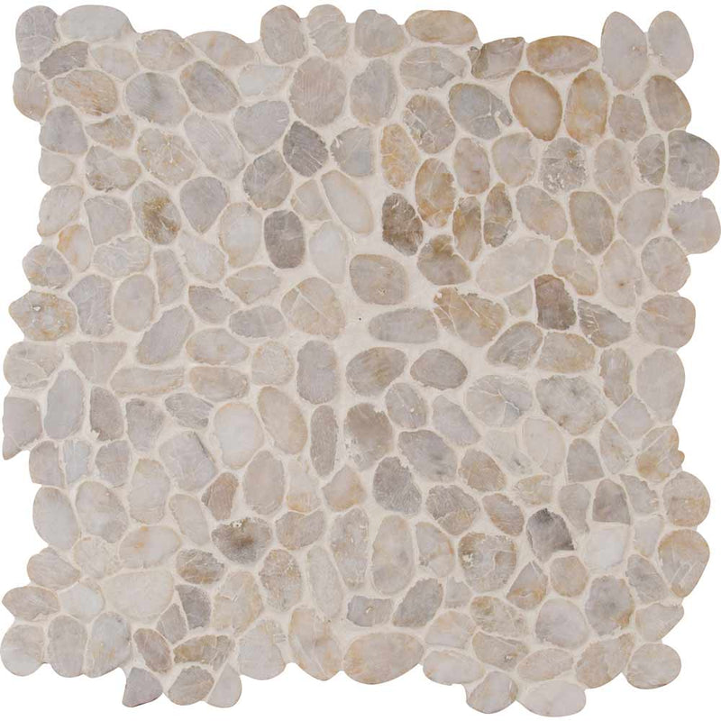 Dorado river rock 12X12 tumbled marble mesh mounted mosaic tile SMOT-PEB-DORADO product shot multiple tiles top view