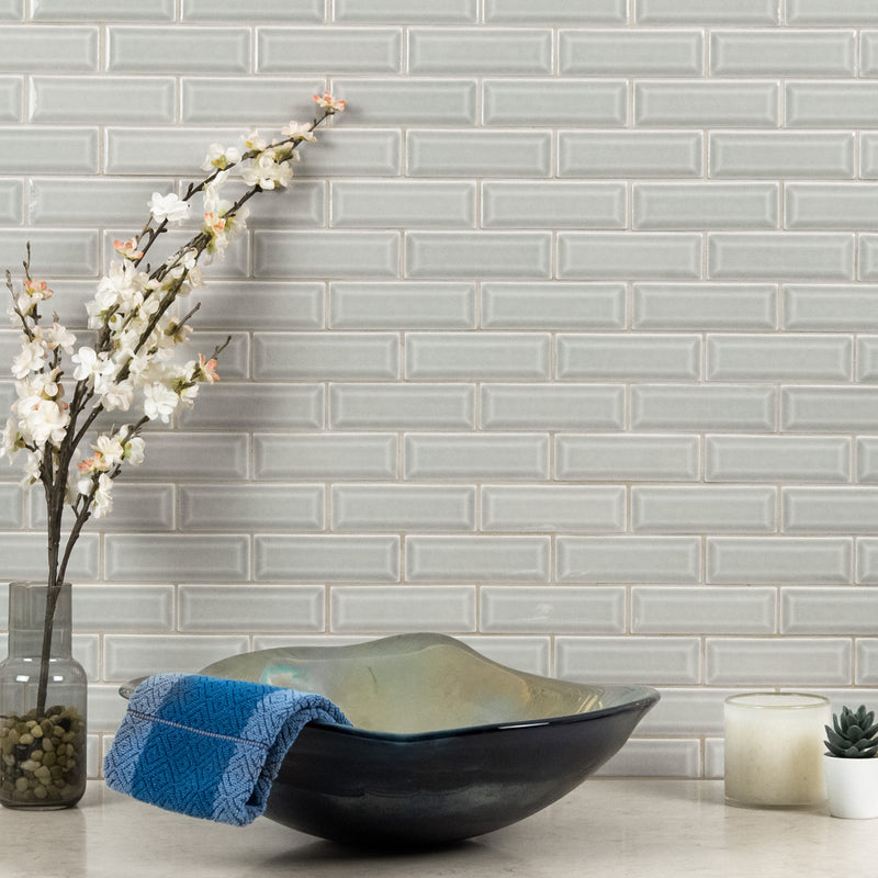 Dove gray beveled 12x12 glossy ceramic meshmounted mosaic wall tile  msi collection SMOT-PT-DG-2X6B room shot bathroom show piece view