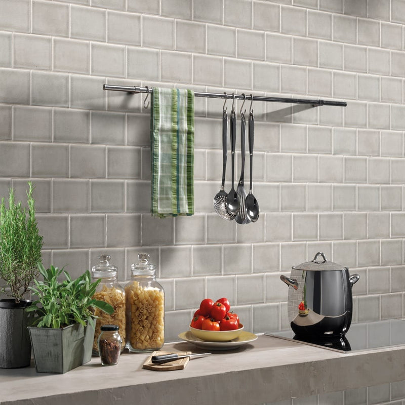 Dove gray handcrafted 3x6 glossy ceramic gray subway tile SMOT-PT-DG36 product shot kitchen view1
