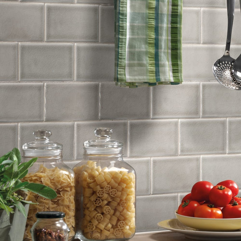 Dove gray handcrafted 3x6 glossy ceramic gray subway tile SMOT-PT-DG36 product shot kitchen view2