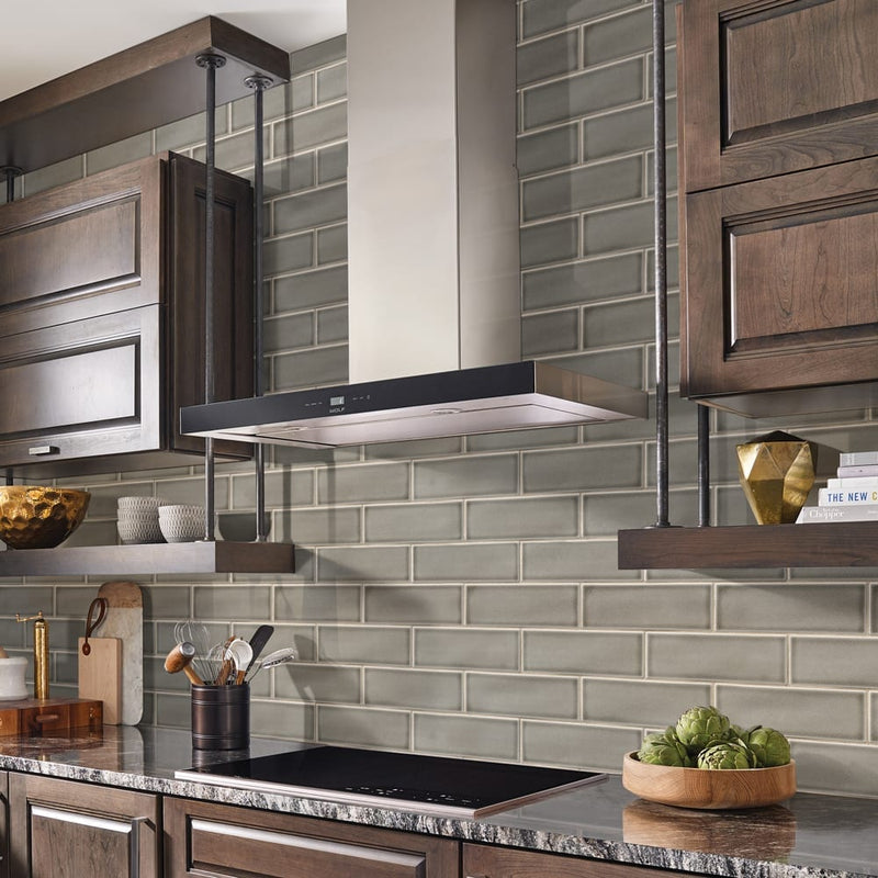 Dove gray handcrafted 4x12 glossy ceramic gray subway tile SMOT-PT-DG412 product shot kitchen view1