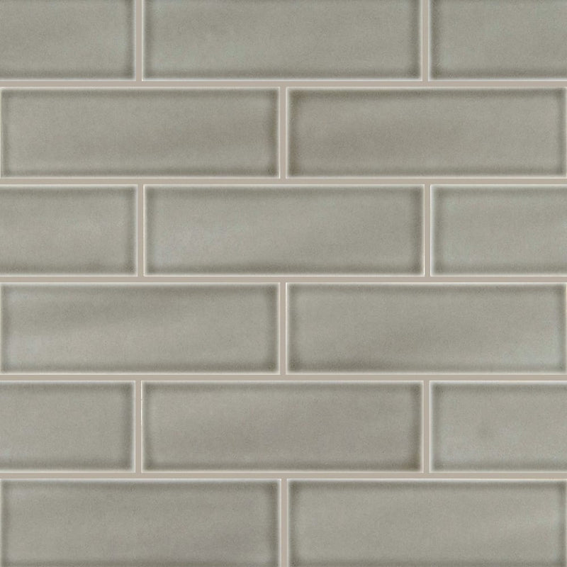 Dove gray handcrafted 4x12 glossy ceramic gray subway tile SMOT-PT-DG412 product shot multiple tiles wall view