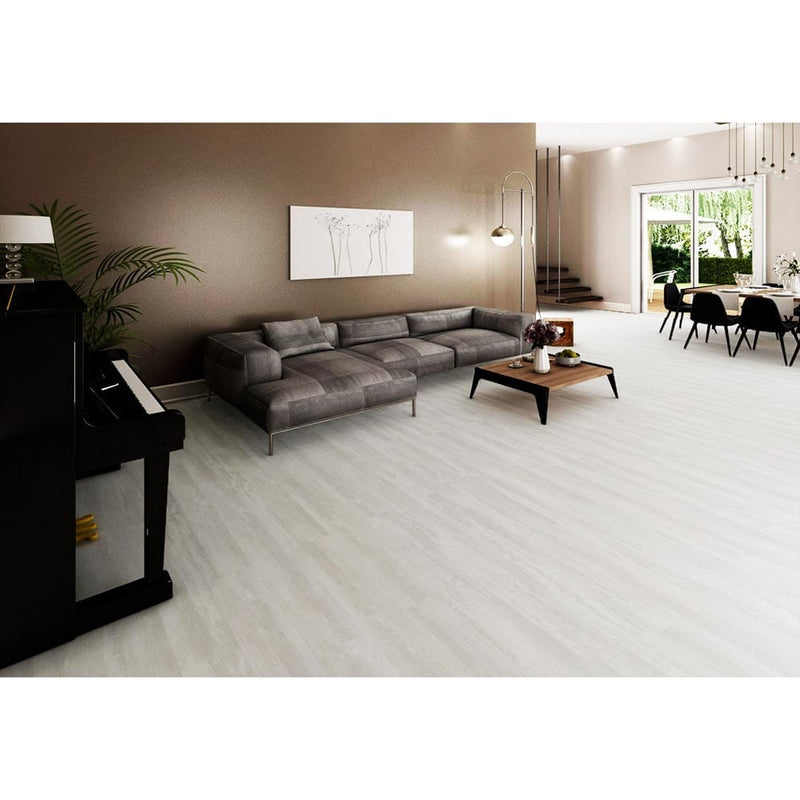 Dove oak rigid core luxury vinyl plank flooring 7x48 SPC20100748-22M roomscene with L shaped couch and black piano