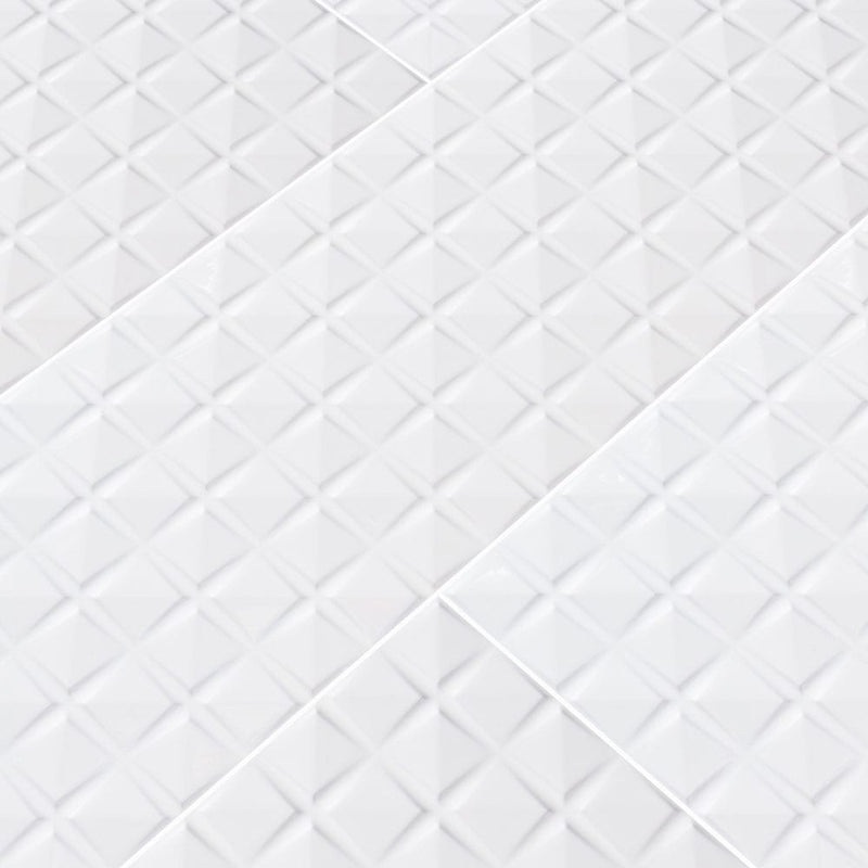 Dymo chex white 12x36 glossy ceramic wall tile NDYMCHEWHI1236 N product shot multiple tiles angle view